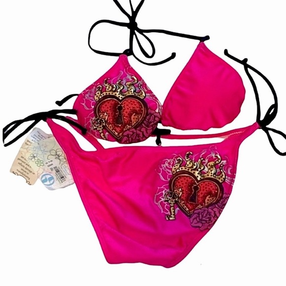 Y2K Split Bikini Swimwear Tattoo Rhinestone Locked Heart & Key Hot Pink Black - Picture 1 of 9